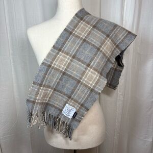 Tartan Weaving Mill Edinburgh 100% Cashmere Mackellar Plaid Scarf Beige Tan Blue